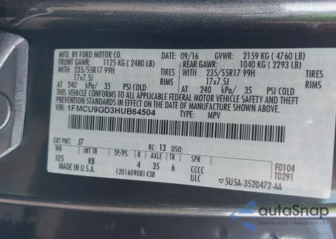 2017 Ford Escape Se из США, поврежденный, VIN 1FMCU9GD3HUB64504